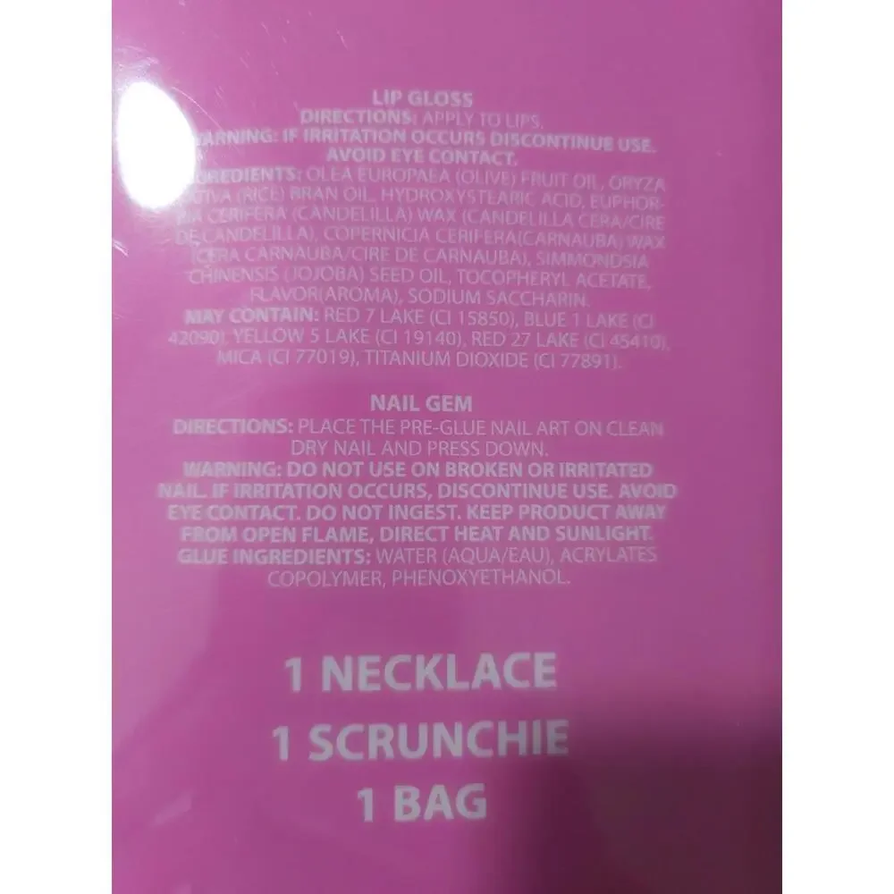 NEW Hello Kitty 5 pc Glamour Set Lip Gloss Necklace Stick On Gems Bag Scrunchie